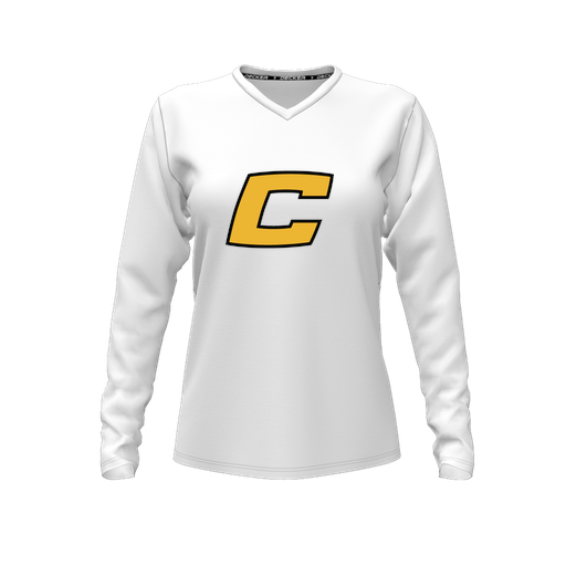 [CUS-DFW-TEES-CMF-VNK-LSL-WHT-FYXS-LOGO2] Decker Comfort T-Shirt (Female Youth XS, White, V Neck, Logo 2, Long Sleeve)
