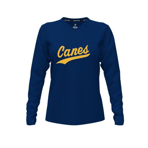 [CUS-DFW-TEES-CMF-VNK-LSL-NVY-FYXS-LOGO1] Decker Comfort T-Shirt (Female Youth XS, Navy, V Neck, Logo 1, Long Sleeve)