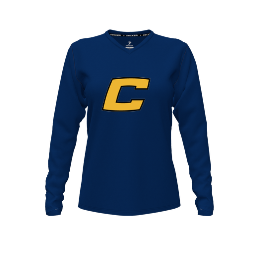 [CUS-DFW-TEES-CMF-VNK-LSL-NVY-FYXS-LOGO2] Decker Comfort T-Shirt (Female Youth XS, Navy, V Neck, Logo 2, Long Sleeve)