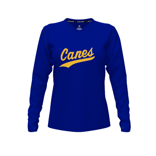 [CUS-DFW-TEES-CMF-VNK-LSL-RYL-FYXS-LOGO1] Decker Comfort T-Shirt (Female Youth XS, Royal, V Neck, Logo 1, Long Sleeve)