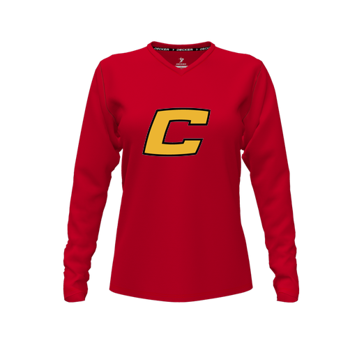 [CUS-DFW-TEES-CMF-VNK-LSL-RED-FYXS-LOGO2] Decker Comfort T-Shirt (Female Youth XS, Red, V Neck, Logo 2, Long Sleeve)