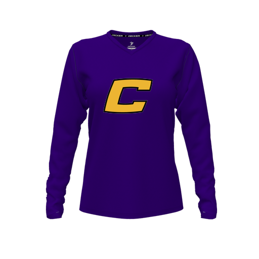 [CUS-DFW-TEES-CMF-VNK-LSL-PUR-FYXS-LOGO2] Decker Comfort T-Shirt (Female Youth XS, Purple, V Neck, Logo 2, Long Sleeve)