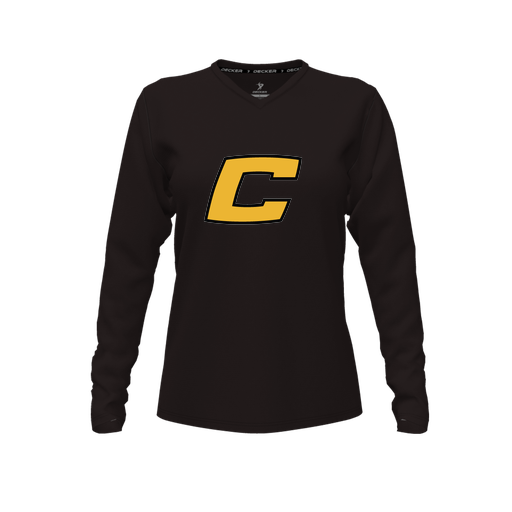 [CUS-DFW-TEES-PER-VNK-LSL-BLK-FYXS-LOGO2] Decker Performance T-Shirt (Female Youth XS, Black, V Neck, Logo 2, Long Sleeve)