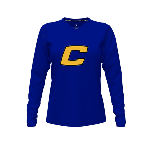 [CUS-DFW-TEES-PER-VNK-LSL-RYL-FYXS-LOGO2] Decker Performance T-Shirt (Female Youth XS, Royal, V Neck, Logo 2, Long Sleeve)