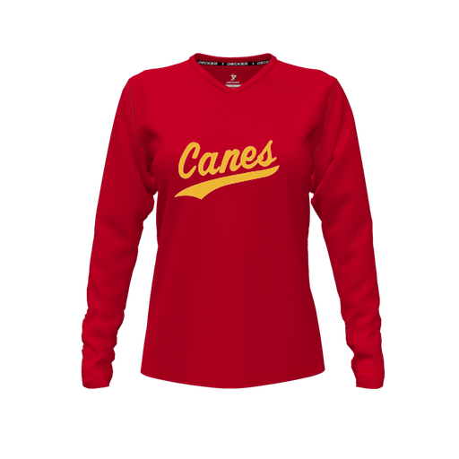 [CUS-DFW-TEES-PER-VNK-LSL-RED-FYXS-LOGO1] Decker Performance T-Shirt (Female Youth XS, Red, V Neck, Logo 1, Long Sleeve)