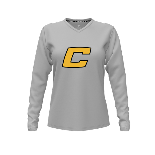 [CUS-DFW-TEES-PER-VNK-LSL-GRY-FYXS-LOGO2] Decker Performance T-Shirt (Female Youth XS, Gray, V Neck, Logo 2, Long Sleeve)