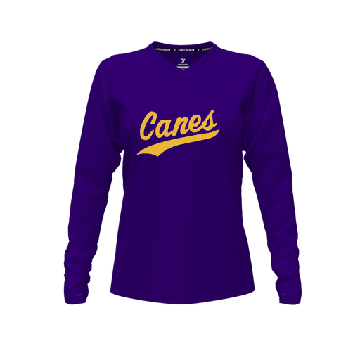 [CUS-DFW-TEES-PER-VNK-LSL-PUR-FYXS-LOGO1] Decker Performance T-Shirt (Female Youth XS, Purple, V Neck, Logo 1, Long Sleeve)